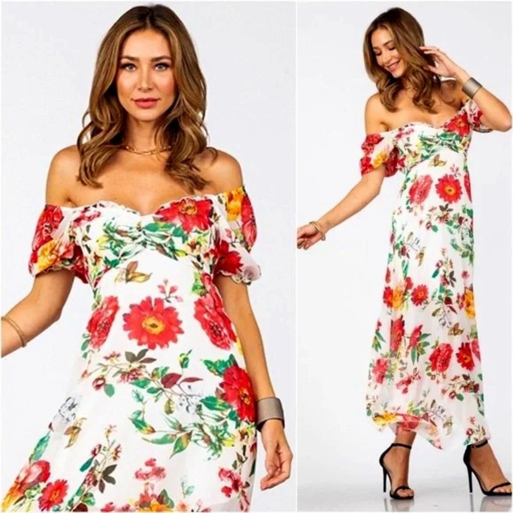 💐Beautiful floral print off shoulder summer elegant pretty maxi dress - Picture 1 of 3